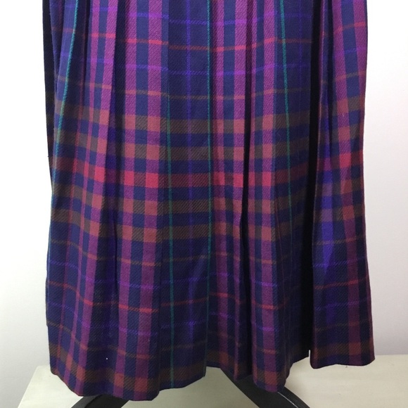 100% Worsted Wool pleated purple pink blue green plaid skirt countryside sz 14 - Picture 6 of 8
